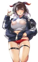 Rule 34 | 1girl, black hair, blush, bottle, breasts, brown eyes, buruma, covered erect nipples, cow girl, cow horns, highres, holding, horns, jacket, large breasts, legs folded, looking at viewer, milk, milk bottle, nishii (damnedrive), open clothes, open jacket, open mouth, original, raglan sleeves, red buruma, see-through, short hair, simple background, solo, sweat, thigh strap, track jacket, white background, zipper