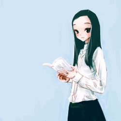 Rule 34 | 1girl, blouse, blue background, book, kanii rate, open book, reading, shirt, simple background, solo, standing, tagme, white shirt