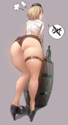 Rule 34 | 1girl, ass, barrel, black panties, blonde hair, bottle, commentary, garrison cap, girls&#039; frontline, hat, high heels, highres, looking back, mp40 (girls&#039; frontline), panties, short hair, simple background, solo, speech bubble, thick thighs, thigh strap, thighs, triangle bullet, underwear, wedgie, weight conscious