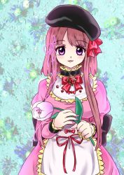 Rule 34 | 1girl, apron, back bow, beret, black bow, black headwear, blunt bangs, bow, breasts, brown hair, commentary request, dress, flower, frilled apron, frills, hat, holding, holding flower, juliet sleeves, long sleeves, looking at viewer, medium breasts, myouga teien, nishida satono, pink dress, puffy sleeves, purple eyes, red bow, red ribbon, ribbon, short hair with long locks, touhou, waist apron, white apron