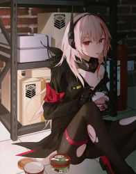 Rule 34 | 1girl, absurdres, armband, bandana, black bandana, black pantyhose, blonde hair, box, cardboard box, cuts, eating, empty, food, girls&#039; frontline, griffin &amp; kryuger, grifon &amp; kryuger, headgear, highres, ice cream, ice cream cup, ice cream spoon, injury, long hair, long sleeves, looking at viewer, lunaplum, m4 sopmod ii (girls&#039; frontline), mechanical hands, mint chocolate, mint chocolate chip, mouth hold, multicolored hair, off shoulder, opening, panties, panties under pantyhose, pantyhose, red eyes, shelf, sitting, solo, spoon, storage room, streaked hair, torn clothes, torn pantyhose, underwear