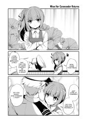 Rule 34 | 1boy, 1girl, 3koma, admiral (kancolle), bowing, closed mouth, collared shirt, comic, couple, crossed arms, dress, dress shirt, english text, flower, frown, greyscale, hair ribbon, hands on another&#039;s face, hat, head tilt, height difference, highres, kantai collection, kasumi (kancolle), long hair, long sleeves, looking at another, military, military uniform, monochrome, open mouth, peaked cap, pinafore dress, remodel (kantai collection), ribbon, sheita, shirt, side ponytail, sidelocks, sleeveless, sleeveless dress, speech bubble, standing, sweatdrop, talking, uniform, upper body, v-shaped eyebrows