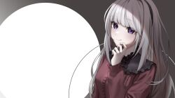Rule 34 | 1girl, blunt bangs, closed mouth, frilled shirt, frills, goth fashion, grey background, highres, long hair, long sleeves, original, purple eyes, red shirt, shirt, simple background, smile, solo, t oaru, upper body, white hair