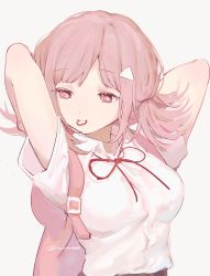 Rule 34 | 1girl, alternate hairstyle, arms up, backpack, bag, blunt bangs, breasts, collared shirt, commentary, danganronpa (series), danganronpa 2: goodbye despair, grey background, highres, liang cun rakuna, medium breasts, mouth hold, nanami chiaki, neck ribbon, no jacket, pink eyes, red ribbon, ribbon, shirt, short sleeves, simple background, solo, symbol-only commentary, triangle hair ornament, upper body, white shirt