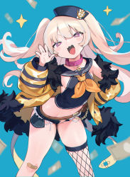 Rule 34 | + +, 1girl, :3, :d, anchor symbol, azur lane, bache (azur lane), bandaid, bandaid on knee, bandaid on leg, belt, black hat, black sailor collar, blonde hair, blue background, blush, bukurote, chain, collar, cutoffs, denim, denim shorts, fang, fishnet thighhighs, fishnets, fur-trimmed jacket, fur trim, gold chain, hand on own hip, hand up, hat, highres, jacket, leaning forward, long hair, looking at viewer, micro shorts, money, navel, neckerchief, off-shoulder jacket, off shoulder, open clothes, open fly, open mouth, pink collar, purple eyes, sailor collar, sailor hat, shirt, shorts, sidelocks, single thighhigh, smile, solo, thighhighs, thighs, two side up, unzipped, yellow jacket, yellow neckerchief