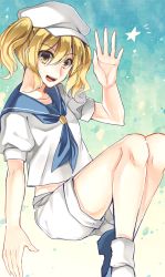 Rule 34 | 1girl, blonde hair, dress, hand up, kaede (mmkeyy), kitashirakawa chiyuri, open mouth, sailor dress, shorts, solo, star (symbol), touhou, touhou (pc-98), yellow eyes