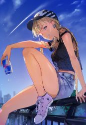 Rule 34 | 1girl, ;), backlighting, baseball cap, blonde hair, blue eyes, blue sky, blunt bangs, braid, camisole, can, chromatic aberration, clothes writing, contrail, converse, day, denim, denim shorts, earrings, evening, from side, g.g.lemon, grin, half-closed eyes, hat, highres, holding, holding can, jewelry, knee up, long hair, looking at viewer, midriff peek, mole, mole under eye, on railing, one eye closed, original, outdoors, parted lips, polka dot, polka dot shirt, purple footwear, railing, red bull, see-through, shirt, shoes, short shorts, shorts, sitting, sky, smile, sneakers, solo, summer, teeth, thighs, twin braids, very long hair