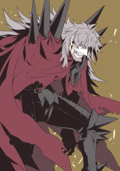 Rule 34 | 1boy, angry, armor, beard, cape, facial hair, fate (series), gauntlets, grey hair, highres, koryuu (gackter10), long hair, male focus, red cape, red eyes, simple background, solo, spikes, squatting, torn cape, torn clothes, vlad iii (fate/extra)