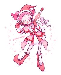 Rule 34 | 1girl, :d, artist name, boots, commentary request, dress, fafa (ojamajo doremi), full body, greenriverknight, harukaze poppu, high heel boots, high heels, holding, holding wand, knee boots, looking at viewer, magical girl, ojamajo doremi, one eye closed, open mouth, pink dress, pink eyes, pink footwear, pink hair, pink headwear, short hair, smile, standing, star (symbol), twintails, v over eye, wand, white background