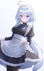 Rule 34 | ahoge, alternate costume, apron, black dress, black pantyhose, blue eyes, closed mouth, dress, drop-shaped pupils, enmaided, frilled apron, frilled dress, frills, furina (genshin impact), genshin impact, hair between eyes, heterochromia, highres, long hair, long sleeves, looking at viewer, maid, maid apron, maid headdress, mismatched pupils, pantyhose, purple eyes, seungju lee, simple background, smile, solo, symbol-shaped pupils, white apron, white hair
