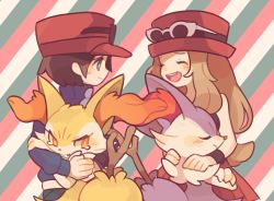 Rule 34 | 1boy, 1girl, :d, ^ ^, alternate color, animal ear fluff, animal nose, bad id, bad pixiv id, black hair, blush, braixen, calem (pokemon), closed eyes, creature, creatures (company), diagonal stripes, game freak, gen 6 pokemon, hat, holding, holding pokemon, long hair, long sleeves, maru (umc a), nintendo, open mouth, pokemon, pokemon (creature), pokemon xy, serena (pokemon), shiny and normal, shiny pokemon, skirt, sleeveless, smile, snout, standing, stick, striped, striped background, sunglasses, sunglasses on head, sweat, tears, upper body, wristband