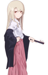 Rule 34 | 1girl, absurdres, black jacket, commentary request, fate/kaleid liner prisma illya, fate (series), from side, frown, hand fan, highres, holding, holding fan, illyasviel von einzbern, jacket, long hair, long skirt, looking at viewer, pear sauce, pink skirt, red eyes, shirt, simple background, skirt, solo, white background, white shirt