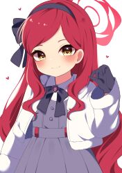 Rule 34 | 1girl, absurdres, blue archive, blush, breasts, closed mouth, coat, commentary, gloves, halo, headband, heart, highres, long hair, looking at viewer, maju risa, red hair, school uniform, simple background, small breasts, smile, solo, takane (blue archive), white background, winter clothes, winter coat, yellow eyes
