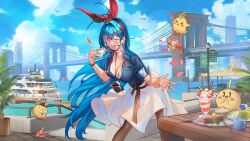 Rule 34 | 1girl, :p, absurdres, alex sap, alternate costume, antenna hair, azur lane, bird, black pantyhose, blue eyes, blue hair, blue sky, blue sleeves, blush, bracelet, brooklyn bridge, camera, chick, cloud, cloudy sky, dress, earrings, english text, food, hair intakes, hair ornament, hairband, hairclip, halter dress, halterneck, heart, highres, holding, holding photo, hoop earrings, ice cream, ice cream cone, jewelry, long hair, looking at viewer, manjuu (azur lane), new jersey (azur lane), one eye closed, one world trade center, open mouth, outdoors, pantyhose, parfait, photo (object), red hairband, ring, sky, smile, tongue, tongue out, very long hair, water, wedding ring, white dress