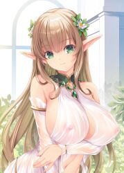 Rule 34 | 1girl, arm under breasts, bare shoulders, blonde hair, bracelet, breasts, closed mouth, commentary request, covered erect nipples, detached sleeves, dress, elf, flower, green eyes, hair flower, hair ornament, jewelry, kirishima satoshi, large breasts, long hair, long sleeves, looking at viewer, navel, nipples, original, paid reward available, pointy ears, see-through, solo, upper body, very long hair, white dress