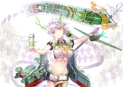 Rule 34 | 10s, 1girl, antlers, bad id, bad pixiv id, bare shoulders, braid, breasts, character name, cleavage cutout, clothing cutout, cloud print, crop top, female focus, flight deck, gradient background, horns, kantai collection, large breasts, long hair, looking at viewer, machinery, mecha musume, midriff, outstretched arm, parted lips, sakuyosi, shikigami, silver hair, single braid, solo, staff, thighhighs, unryuu (kancolle), very long hair, yellow eyes, zettai ryouiki