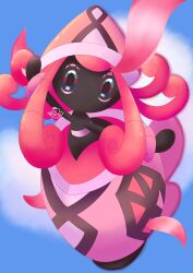 Rule 34 | black skin, blurry, blurry background, colored skin, creatures (company), day, game freak, gen 7 pokemon, green eyes, highres, legendary pokemon, looking at viewer, nintendo, no humans, outdoors, outstretched arms, pokemon, pokemon (creature), signature, solo, tapu lele, under ashito