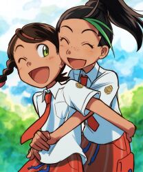 Rule 34 | 2girls, ;d, ^ ^, blush, braid, breast pocket, brown hair, closed eyes, cloud, cloudy sky, collared shirt, commentary, creatures (company), day, elizabeth (tomas21), eyelashes, freckles, game freak, green eyes, green hair, happy, highres, hug, hug from behind, juliana (pokemon), logo, multicolored hair, multiple girls, necktie, nemona (pokemon), nintendo, one eye closed, open mouth, orange necktie, orange shorts, outdoors, pocket, pokemon, pokemon sv, ponytail, shirt, short sleeves, shorts, sky, smile, symbol-only commentary, two-tone hair, white shirt