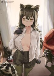 Rule 34 | 1girl, animal, arknights, artist name, breasts, brown hair, green pants, highres, large breasts, looking at viewer, medium breasts, nashidrop, nervous, open clothes, open shirt, pants, patreon username, raccoon, raccoon girl, raccoon tail, robin (arknights), shirt, smile, solo, tail, white shirt