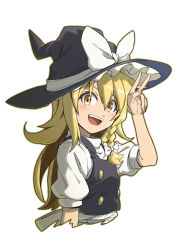 Rule 34 | 1girl, back bow, black hat, black vest, blonde hair, bow, commentary request, frilled hat, frills, hat, hat bow, highres, inuno rakugaki, kirisame marisa, long hair, open mouth, puffy short sleeves, puffy sleeves, shirt, short sleeves, simple background, solo, teeth, touhou, turtleneck, upper body, upper teeth only, v, vest, waist bow, white background, white bow, white shirt, witch hat, yellow eyes