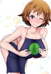 Rule 34 | 10s, 1girl, apron, bare shoulders, blue eyes, blush, breasts, brown hair, cleavage, earrings, gundam, gundam build divers, highres, jewelry, large breasts, looking at viewer, naked apron, nanase nanami (gundam build divers), one eye closed, short hair, sideboob, skindentation, smile, solo, thighs, wink