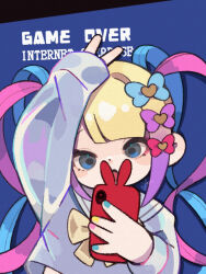Rule 34 | 1girl, arm up, blonde hair, blue background, blue bow, blue eyes, blue hair, blue nails, blue shirt, blunt bangs, blush, bow, cellphone, chouzetsusaikawa tenshi-chan, english text, hair bow, hair ornament, heart, heart hair ornament, highres, holding, holding phone, holographic clothing, long hair, long sleeves, lying, multicolored hair, multicolored nails, nail polish, needy girl overdose, on back, open mouth, phone, pink bow, pink hair, pink nails, purple bow, quad tails, sailor collar, shirt, smartphone, solo, twintails, v, very long hair, yellow bow, yellow nails, yknsugar