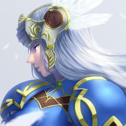 Rule 34 | 1girl, armor, blue armor, blue eyes, breasts, feathers, helmet, highres, large breasts, lenneth valkyrie, long hair, open mouth, raijin (shinobidx), shoulder armor, simple background, solo, valkyrie, valkyrie profile (series), very long hair, winged helmet