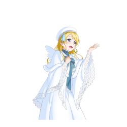 Rule 34 | 10s, 1girl, :d, ayase eli, beret, blonde hair, blue eyes, dress, fake wings, hand on own chest, hat, long hair, love live!, love live! school idol festival, love live! school idol project, non-web source, official art, open mouth, outstretched hand, ribbon, smile, solo, striped ribbon, transparent background, white background, white dress, wings
