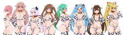 Rule 34 | .live, 6+girls, absurdres, alternate costume, animal ears, animal print, artist request, bell, blue hair, blush, breasts, brown hair, carro pino, cleavage, collar, collarbone, commentary, cow girl, cow print, cowbell, detached sleeves, embarrassed, glasses, highres, kagura suzu (.live), kakyouin chieri, kitakami futaba, kongou iroha, large breasts, long hair, mokota mememe, multiple girls, one eye closed, open mouth, pink hair, ponytail, red eyes, sheep ears, simple background, small breasts, smile, thick eyebrows, thighhighs, twintails, virtual youtuber, white background, yaezawa natori