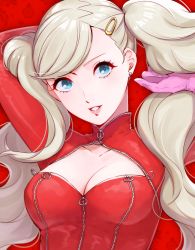 Rule 34 | 1girl, arms up, blonde hair, blue eyes, bodysuit, breasts, cleavage, commentary, ear piercing, gloves, hair ornament, hairclip, lips, long hair, looking at viewer, medium breasts, nm ngi, no mask, persona, persona 5, piercing, pink gloves, pink lips, red background, red bodysuit, solo, swept bangs, takamaki anne, twitter username, upper body, very long hair, wavy hair, zipper