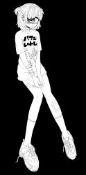 Rule 34 | 1girl, asymmetrical bangs, azen (mntimcczgrtn), bags under eyes, bandaged arm, bandages, bandaid, bandaid on leg, blush, calf socks, clothes writing, cyclops, ear piercing, earrings, female focus, full body, greyscale, hands on lap, highres, jewelry, knees together feet apart, looking at viewer, looking to the side, medium hair, monochrome, monster girl, multiple earrings, no pants, one-eyed, original, parted lips, piercing, print shirt, shirt, shoes, short sleeves, simple background, sneakers, solo, t-shirt, twintails, untied shoe