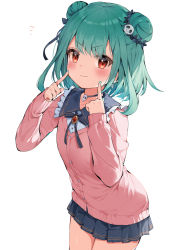 Rule 34 | 1girl, blush, buttons, cardigan, closed mouth, collar, double bun, earrings, eyebrows, eyelashes, fingers to cheeks, flat chest, green hair, hair bun, hair ornament, hana mori, highres, hololive, hololive fantasy, jewelry, necromancer, pleated skirt, red eyes, school uniform, shirt, short hair, simple background, skirt, skull choker, skull earrings, skull hair ornament, smile, solo, uniform, uruha rushia, virtual youtuber, white background