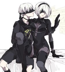 Rule 34 | 1boy, 1girl, 2b (nier:automata), 9s (nier:automata), android, arm support, bed, black blindfold, black choker, black dress, black footwear, black gloves, black hairband, black jacket, black shorts, black socks, black thighhighs, blindfold, blonde hair, blush, bob cut, bodysuit, boots, breasts, buttons, carrying, choker, cleavage, closed eyes, couple, covered eyes, dress, full body, gloves, hair between eyes, hairband, hetero, jacket, medium breasts, nier:automata, nier (series), shorts, simple background, socks, thighhighs, uruta (koarukoaro), white background
