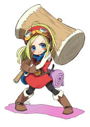 Rule 34 | 1girl, bandana, belt, black pantyhose, blonde hair, blue bandana, blue bandanna, blue eyes, blush, blush stickers, boots, brown belt, brown footwear, brown gloves, closed mouth, dragon quest, dragon quest builders, dress, eyelashes, facing viewer, female builder (dqb), full body, gloves, goggles, goggles on head, hammer, heroine (dqb), holding, holding hammer, holding weapon, huge weapon, io naomichi, legs apart, long hair, long sleeves, looking at viewer, pantyhose, parted bangs, pigeon-toed, red dress, simple background, smile, solo, standing, v-shaped eyebrows, weapon, white background