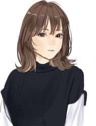 Rule 34 | 1girl, brown eyes, brown hair, highres, medium hair, original, parted lips, ribbed sweater, saitou (lynx-shrike), simple background, sketch, solo, sweater, turtleneck, turtleneck sweater, upper body, white background