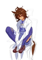 Rule 34 | 1girl, absurdres, agnes tachyon (umamusume), ahoge, animal ears, bow, brown footwear, brown hair, coat, commentary request, earrings, highres, horse ears, horse girl, horse tail, jewelry, lab coat, loafers, long sleeves, messy hair, open clothes, open coat, pleated skirt, purple serafuku, purple shirt, purple skirt, purple thighhighs, red eyes, sailor collar, school uniform, senchan 7, serafuku, shirt, shoes, short hair, simple background, single earring, sitting, skirt, smile, solo, tail, thighhighs, tracen school uniform, umamusume, white background, white bow, white coat, winter uniform