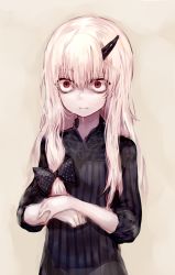 Rule 34 | 1girl, beige background, black bow, black dress, bow, closed mouth, commentary request, dress, fate/grand order, fate (series), hair between eyes, hair bow, hair in own mouth, highres, horns, lavinia whateley (fate), long hair, long sleeves, looking at viewer, polka dot, polka dot bow, red eyes, simple background, single horn, solo, sukemyon, white hair