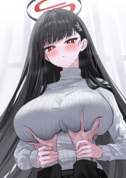 Rule 34 | 1boy, 1girl, absurdres, black hair, black skirt, blue archive, blunt bangs, blush, breast lift, breasts, bright pupils, commentary, grabbing, grabbing another&#039;s breast, grabbing another's breast, groping, guided breast grab, guiding hand, hair ornament, hairclip, halo, hetero, highres, holding another&#039;s wrist, large breasts, long hair, looking at viewer, open mouth, parted lips, pov, pov hands, red eyes, ribbed sweater, rio (blue archive), skirt, solo focus, sweat, sweater, sweater tucked in, symbol-only commentary, turtleneck, turtleneck sweater, very long hair, white pupils, white sweater, yuki (asayuki101)