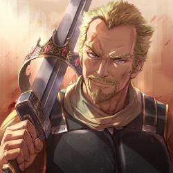 Rule 34 | 1boy, absurdres, armor, askeladd, beard, blonde hair, blue eyes, breastplate, close-up, crown, unworn crown, facial hair, gradient background, gradient hair, highres, holding, holding sword, holding weapon, long sleeves, looking at viewer, male focus, manly, michairu, multicolored hair, over shoulder, scar, scar on face, scar on forehead, sideburns, simple background, smile, solo, standing, sword, sword over shoulder, upper body, veins, viking, vinland saga, weapon, weapon over shoulder