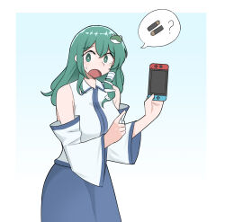 Rule 34 | 1girl, bare shoulders, blue background, blue skirt, breasts, collared shirt, commentary, detached sleeves, english commentary, frog hair ornament, gradient background, green eyes, green hair, hair ornament, highres, holding, kochiya sanae, long hair, looking at viewer, mata (matasoup), medium breasts, nintendo switch, open mouth, shirt, simple background, skirt, snake hair ornament, solo, speech bubble, spoken object, sweatdrop, touhou, white background, white shirt
