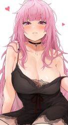Rule 34 | 1girl, armpit crease, bare arms, bare shoulders, black choker, black nightgown, blunt bangs, blush, breasts, choker, cleavage, collarbone, heart, highres, hololive, hololive english, huge breasts, lace-trimmed nightgown, long hair, looking at viewer, messy hair, mori calliope, mori calliope (sleepwear), nightgown, official alternate costume, parted lips, pink eyes, pink hair, red ribbon, ribbon, simple background, sitting, skull choker, solo, strap slip, thighs, virtual youtuber, white background, yamanoko 19517