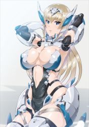 Rule 34 | 1girl, android, armor, arms behind head, blonde hair, blue eyes, blush, breasts, character request, cleavage, covered erect nipples, di allez series, doll joints, elbow gloves, gloves, hair ornament, impossible clothes, joints, kneeling, large breasts, long hair, mecha musume, nandz, navel, phantasy star, phantasy star online 2, phantasy star online 2 new genesis, robot joints, skindentation, solo, thighhighs, very long hair