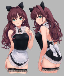 Rule 34 | 1girl, :3, alternate costume, apron, back, backless leotard, bare arms, bare shoulders, black bow, black leotard, black neckwear, blush, bow, breasts, bridal garter, cowboy shot, cropped legs, detached collar, dress, earrings, enmaided, frills, from side, green eyes, grey background, hair bow, hair intakes, highres, ichinose shiki, idolmaster, idolmaster cinderella girls, jewelry, kirarin369, lace, leotard, lips, long hair, maid, medium breasts, multiple views, neck ribbon, pursed lips, red hair, ribbon, short dress, sleeveless, smile, standing, string tie, wavy hair, white apron