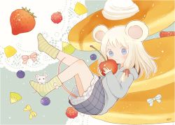 Rule 34 | 1girl, :3, animal ears, ayu (mog), blonde hair, blue eyes, blue hoodie, blue skirt, blush, bow, checkered clothes, checkered skirt, cherry, closed mouth, commentary request, cream, floating, food, fruit, green socks, hair ribbon, holding, hood, hoodie, kiwi (fruit), kiwi slice, long sleeves, looking at viewer, mini person, minigirl, mouse (animal), mouse ears, mouse tail, original, pancake, raspberry, red ribbon, ribbon, signature, skirt, smile, socks, solo, strawberry, striped clothes, striped socks, tail