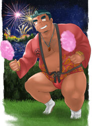 Rule 34 | 1boy, aerial fireworks, bara, belly, blush, bulge, buzz cut, chest hair, cotton candy, dark-skinned male, dark skin, facial hair, facial mark, fat, fat man, festival, fireworks, food, forehead mark, fundoshi, goatee, grin, happi, highres, holding, holding food, japanese clothes, large pectorals, looking at viewer, male focus, mature male, navel, paid reward available, pectoral cleavage, pectorals, rampie (piefactory), red fundoshi, short hair, sideburns, sideburns stubble, smile, solo, sparse chest hair, squatting, stomach, stubble, thick eyebrows, thick thighs, thighs, tokyo houkago summoners, tvastar (housamo), very short hair