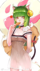Rule 34 | 1girl, animal ears, bell, blunt bangs, breasts, cat, cat ears, cat tail, collar, cowboy shot, crusaders quest, dress, fang, food, frilled dress, frills, gluteal fold, green hair, highres, hime cut, jingle bell, long hair, mew (crusaders quest), neck bell, see-through silhouette, small breasts, solo, squidsmith, strap slip, tail, taiyaki, wagashi, yellow eyes