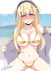 Rule 34 | 1girl, artist name, bikini, blonde hair, blue eyes, blue hairband, blush, breasts, cleavage, collarbone, commentary request, double bun, fletcher (kancolle), gold bikini, graphite (medium), hair bun, hair ornament, hairband, highres, kanade (kanadeya), kantai collection, large breasts, long hair, looking at viewer, navel, nose blush, open clothes, photo background, sitting, solo, star (symbol), star hair ornament, traditional media