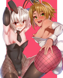 Rule 34 | 2boys, animal ears, armpits, arms up, ass, black leotard, black necktie, black thighhighs, blush, brown hair, bulge, clenched teeth, covered navel, crossdressing, detached collar, detached sleeves, fake animal ears, fishnet pantyhose, fishnets, green eyes, hair between eyes, highleg, highleg leotard, highres, leotard, looking at viewer, male focus, male playboy bunny, miga (migao), multiple boys, necktie, nipples, open mouth, original, pantyhose, rabbit ears, red eyes, short necktie, strapless, strapless leotard, teeth, thighhighs, trap, white hair, wrist cuffs