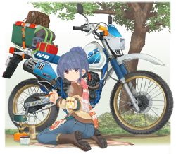Rule 34 | 1girl, absurdres, backpacking stove, blue hair, boots, brown footwear, buckle, closed mouth, copyright name, cup, denim, eyes visible through hair, gas can, grass, hair bun, highres, jeans, kneeling, long hair, long sleeves, looking at viewer, looking back, luggage, mikeran (mikelan), motor vehicle, motorcycle, mug, multicolored clothes, orange scarf, outstretched arm, pants, pink scarf, plaid, portable stove, purple eyes, road, scarf, shima rin, single hair bun, sitting, solo, steam, stove, strap, striped, thermos, translucent hair, tree, vehicle request, yurucamp
