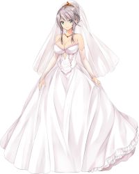 Rule 34 | 1girl, artwhirl mahou gakuen no otome-tachi, bridal veil, ceres (artwhirl), collarbone, detached sleeves, diadem, dress, full body, highres, jewelry, long dress, long sleeves, looking at viewer, necklace, short hair with long locks, sidelocks, skirt hold, solo, standing, strapless, strapless dress, tachi-e, transparent background, veil, wedding dress, white dress, white hair, white sleeves, zinno